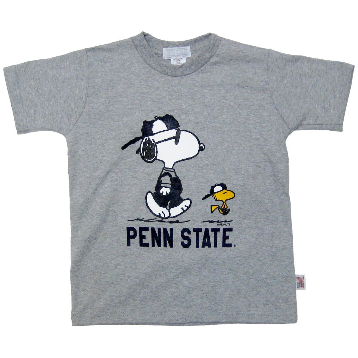 heather gray youth short sleeve t-shirt with walking Snoopy and Woodstock above Penn State